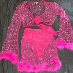 Sheer Pink Marabou Top & Skirt Set